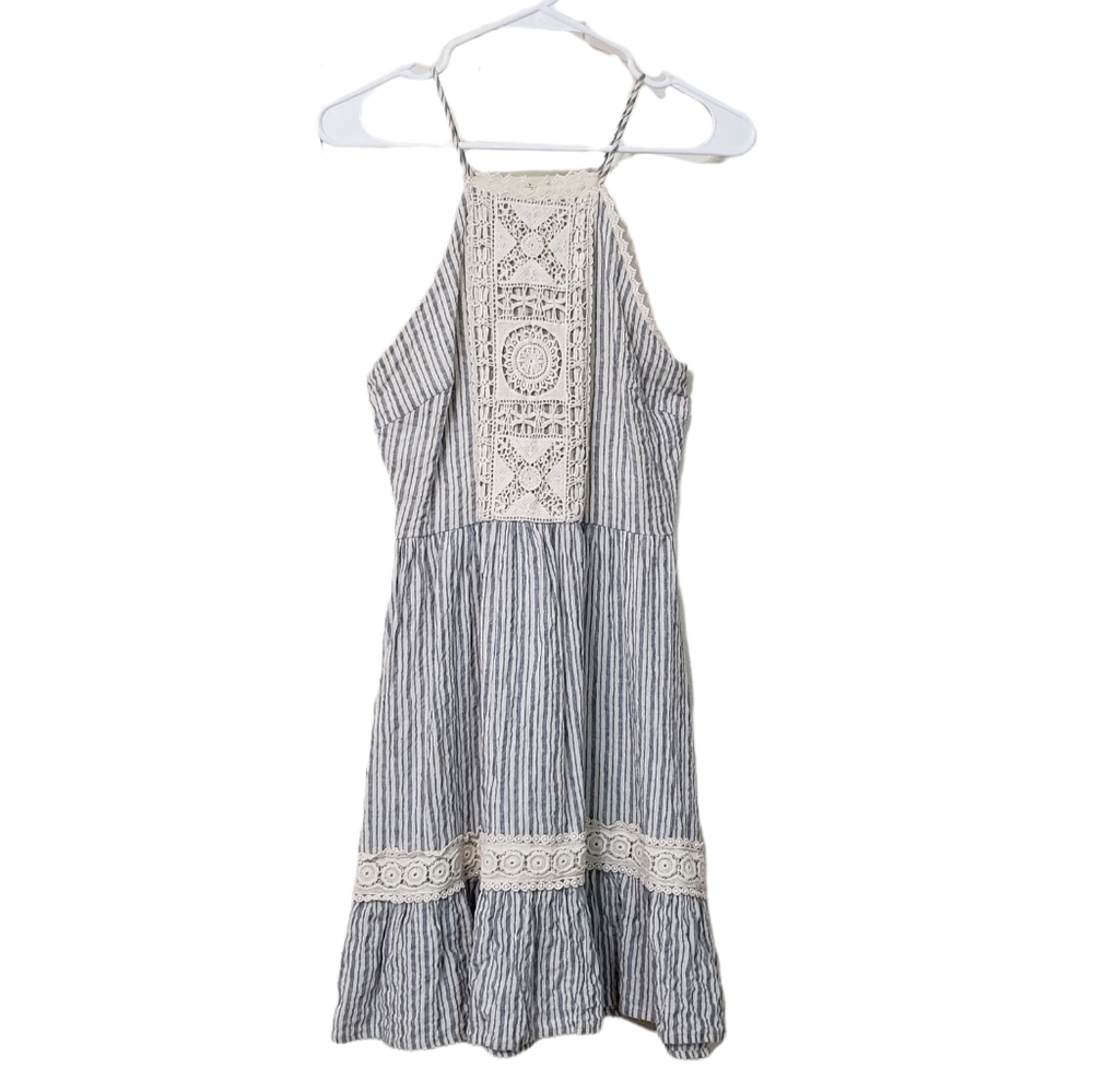 Altar'd State Blue Stripe Crochet Detail Cotton Linen Ruffle Hem Dress Size S